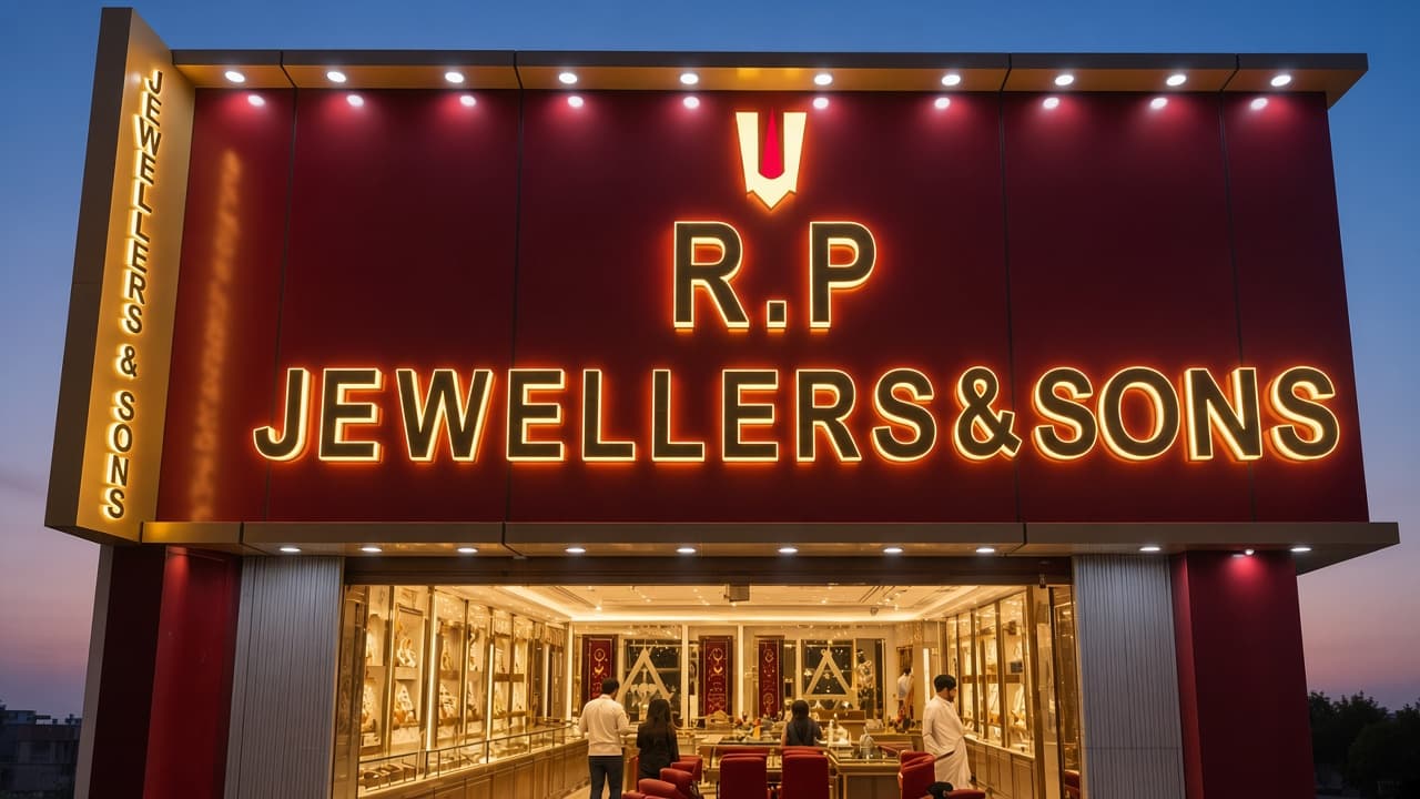 Evening storefront of R.P Jewellers & Sons, with the gold illuminated sign and open jewellery shop